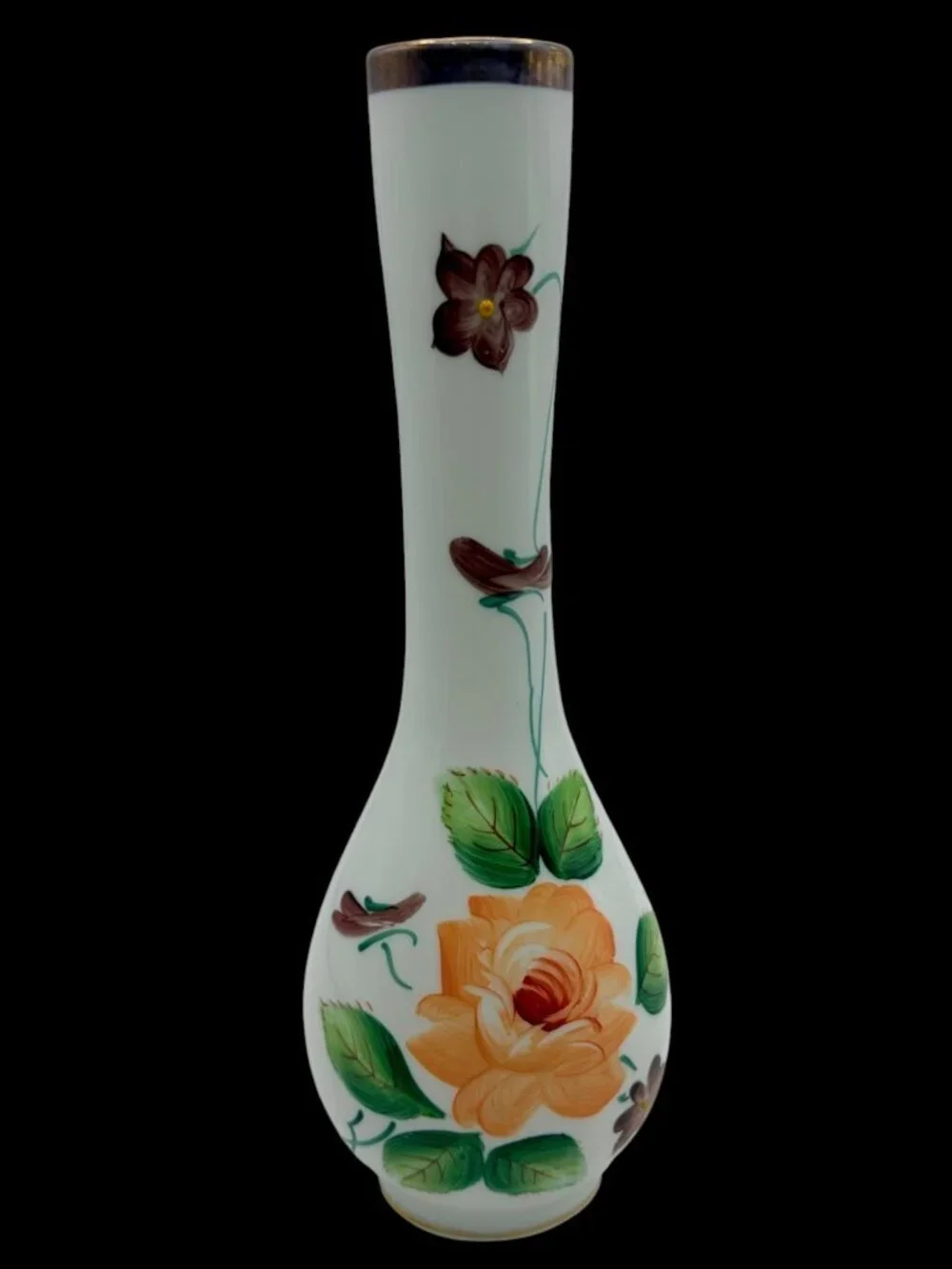 Vintage Hand Painted White Opaline Bud Vase Floral Enamel Glass Vase Gold Rim 8